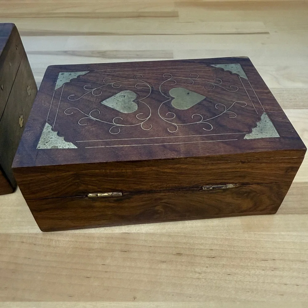 Vintage Wooden Brass Inlaid Boho Hinged Velvet Lined Trinket Boxes Lot of 2